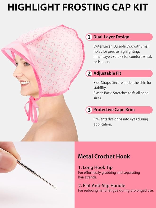 YOOVR 19PCS Hair Bleach Highlighting Kit with Hair Dye Brush and Bowl Set Color Whisk, Highlight Frosting Cap with Hook, Gloves Capes, Home Use Salon Tools for Hair Bleaching Coloring Dying (Pink)