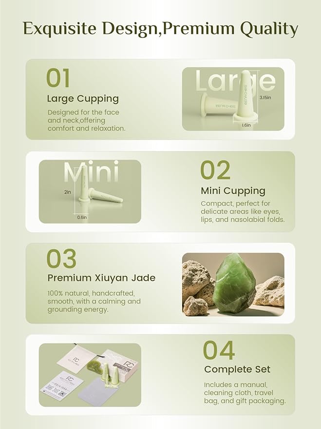 Rena Chris Facial Cupping Set & Gua Sha Tool - Jade Stone, Silicone Facial Cupping, Puffiness & Lip Plumping Therapy for Natural Skin Care