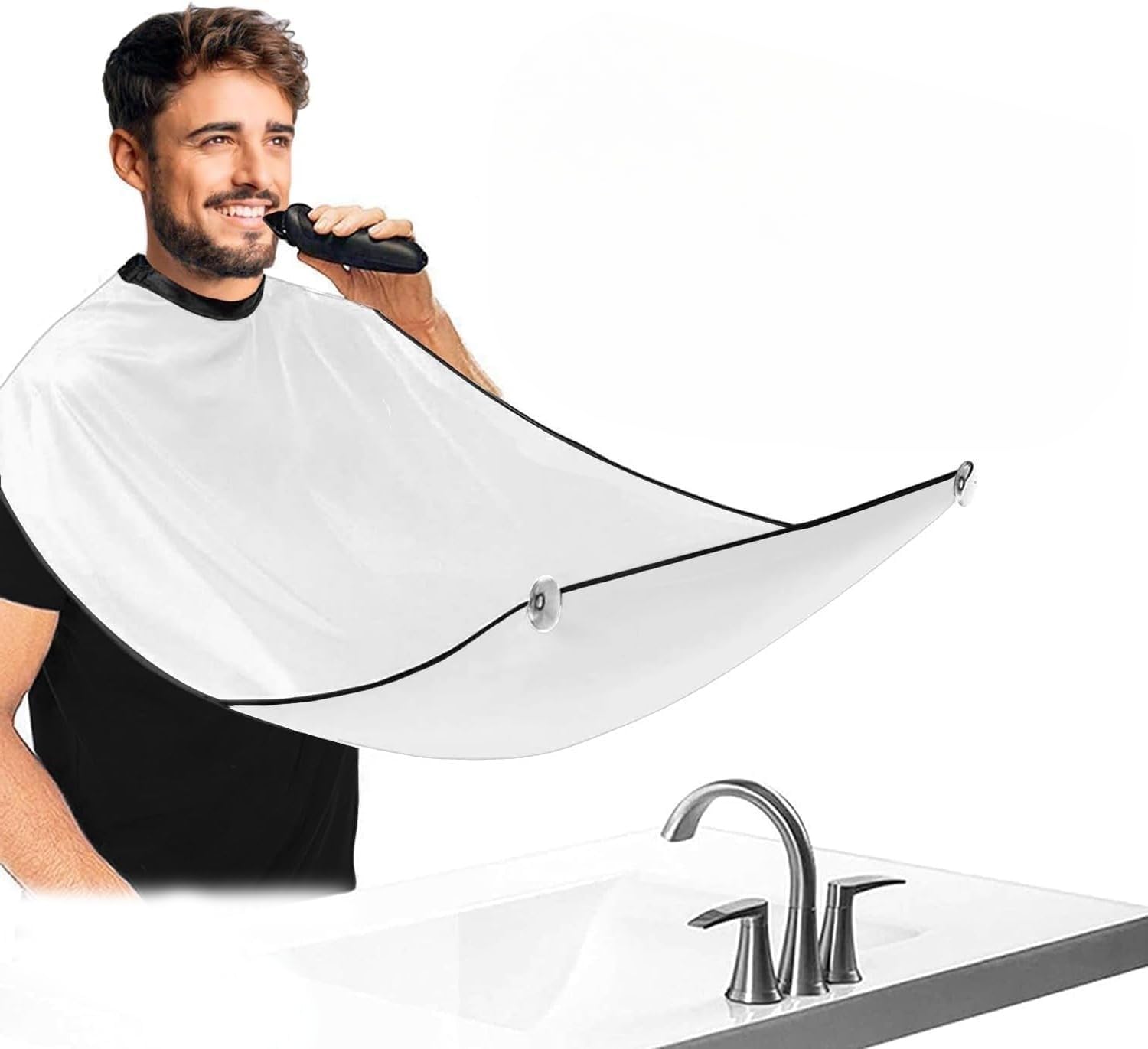FITALA Beard Trimming Catcher Bib, Black Waterproof Apron with Suction Cups, 47.2 x 30.7 inches (White)