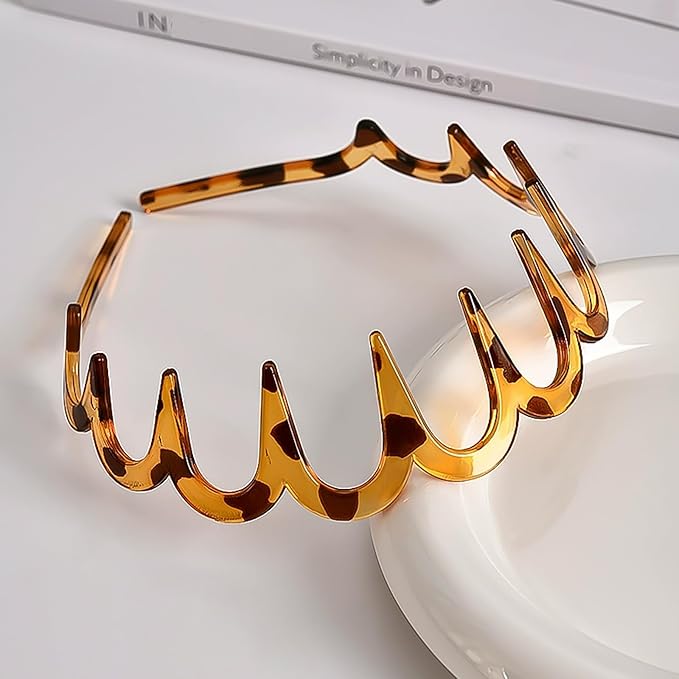 Supgoodom 6 PCS Zig Zag Headbands Plastic Wavy Hair Head Band Comb with Teeth Hoop Accessories for Women Men Girls, Fashion Tortoiseshell&Amber
