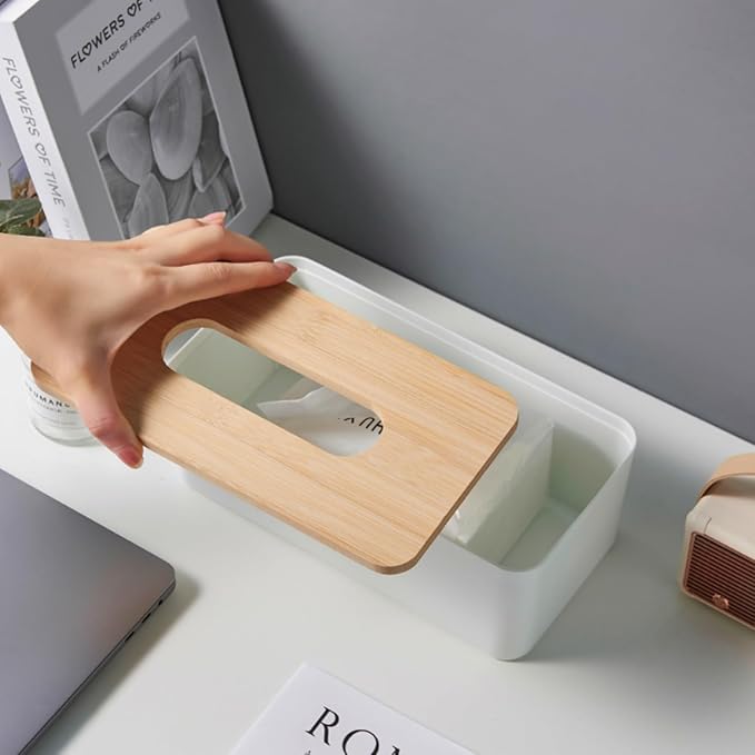 Tissue Box with Bamboo Cover,Plastic Tissue Organizer,Bathroom Tissue Dispenser for Home,Bedroom,Office,Living Room,8.1×4.6×2.9 in (Grey)