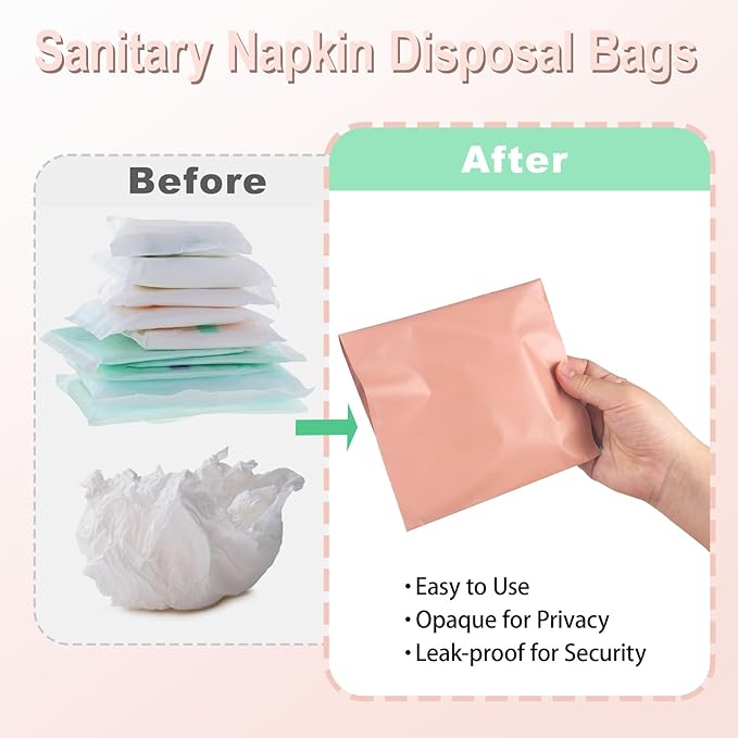 100 PCS Sanitary Napkin Disposal Bags, Feminine Hygiene Disposal Bags for Tampons and Pads, Block Odors, Self-Sealing Seals, 10.6 * 5.9 Inch (Pink)