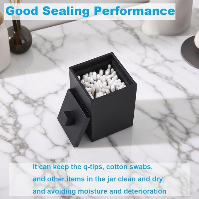 Q-tip Holder Square Cotton Swab Holder with Lid Resin Cotton Ball Canister Jar Cosmetics Makeup Countertop Organizer Containers Canister Apothecary Jar, Matte Black