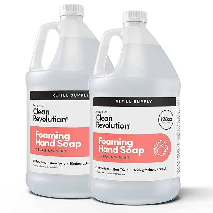 Clean Revolution Foaming Hand Soap Refill with Real Essential Oils, Moisturizing Sulfate-Free Hand Soap, Ready-to-Use Foam Soap Refill for Kitchen & Bathroom (Geranium Mint) 14 oz