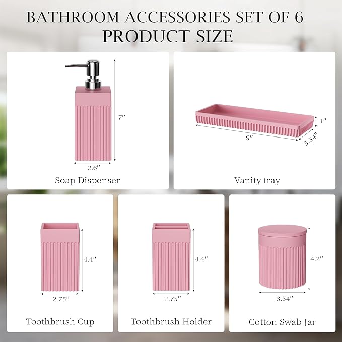 InnJoey 6-Piece Pink Bathroom Set - Sleek Resin Bathroom Accessories Set with Soap Dispenser, Toothbrush Holder, Vanity Tray, Tumbler & Apothecary Jars for Small Spaces