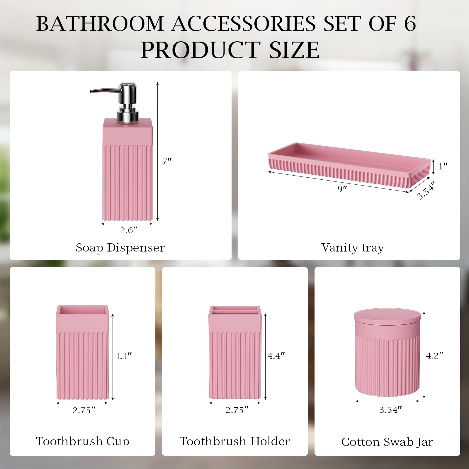 InnJoey 6-Piece Pink Bathroom Set - Sleek Resin Bathroom Accessories Set with Soap Dispenser, Toothbrush Holder, Vanity Tray, Tumbler & Apothecary Jars for Small Spaces