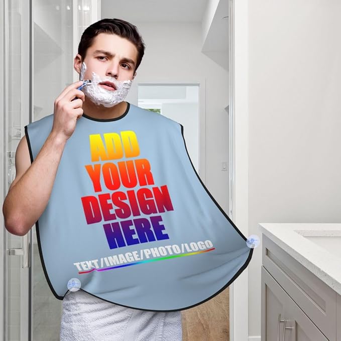 Custom Beard Apron for Men Personalized Gift with Name Image Picture Text Beard Shave Cape Customized Beard Trimming Catcher Bib for Bathroom Light Blue