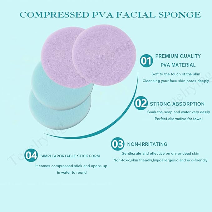 Tegelrying Facial Sponge Compressed,60 Pcs PVA Professional Makeup Removal Wash Round Face Sponges Spa Pads Exfoliating Cleansing for Women,Blue,Purple