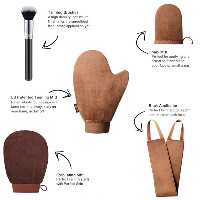 Sanfery 5-Piece Self Tanning Mitt Kit with Self Tanner Back Applicator, Self Tanning Brush, Exfoliating Mitt & Accessories for Flawless Tan