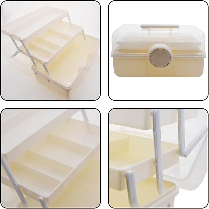 Craft Organizers and Storage,Plastic Box with 3-Tier Fold Tray and Handle,Portable Lockable Container for Arts, Crafts,Cosmetic, Sewing, Toy, Washi Tape(Cream Color)