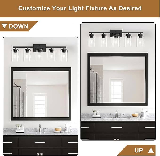 IZORRO Modern Bathroom Light Fixtures, 5 Light Black Vanity Lights, Bathroom Lighting Fixtures Over Mirror with Clear Glass for Living Room Cabinet Bedroom