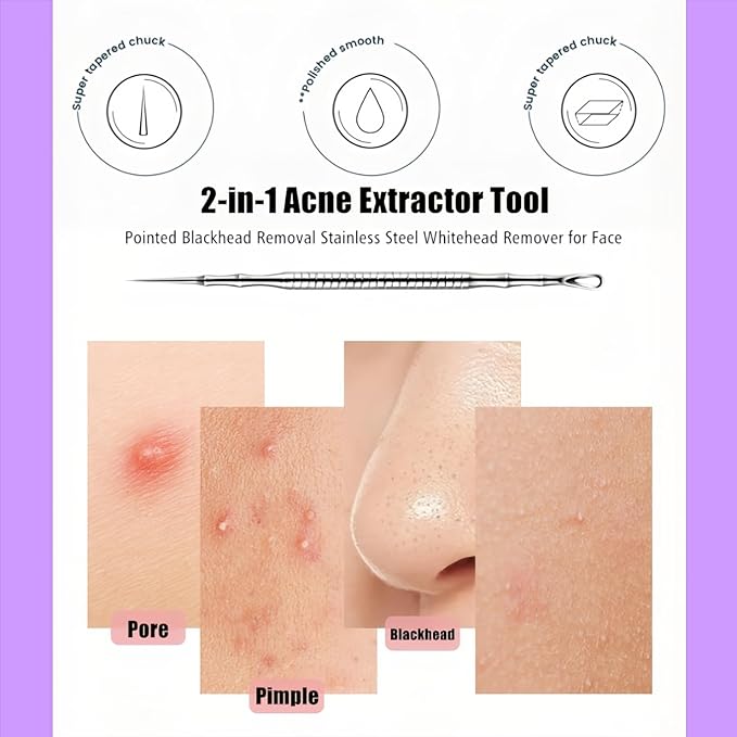 Blackhead Remover & Pimple Extractor Kit Dual-Ended Skin-Friendly Design for Sensitive Skin Professional Pore Cleanse & Acne Home Facial Care Tools with Stainless Steel Scraper (Purple-with Needle)