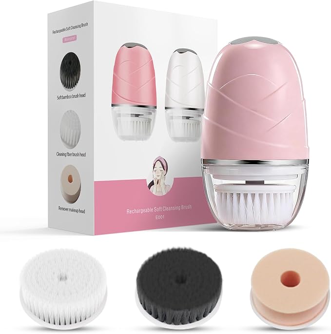 DOCOCO Facial Cleansing Brush, Mini Electric Face Scrubber, Waterproof Face Exfoliator Brush for Deep Cleansing, Portable Face Wash Brush for Travel, Easy to Carry, with 3 Brushheads for Women Mom Men