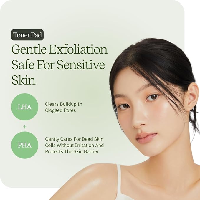 ByUR Green Wonder Keep Peace Toner Pads - Gentle Exfoliation, Soothing & Redness Care for Sensitive Skin, PHA & LHA, Centella Asiatica, 100% Organic Cotton, Facial Pore Care Korean Skincare (70 Count)
