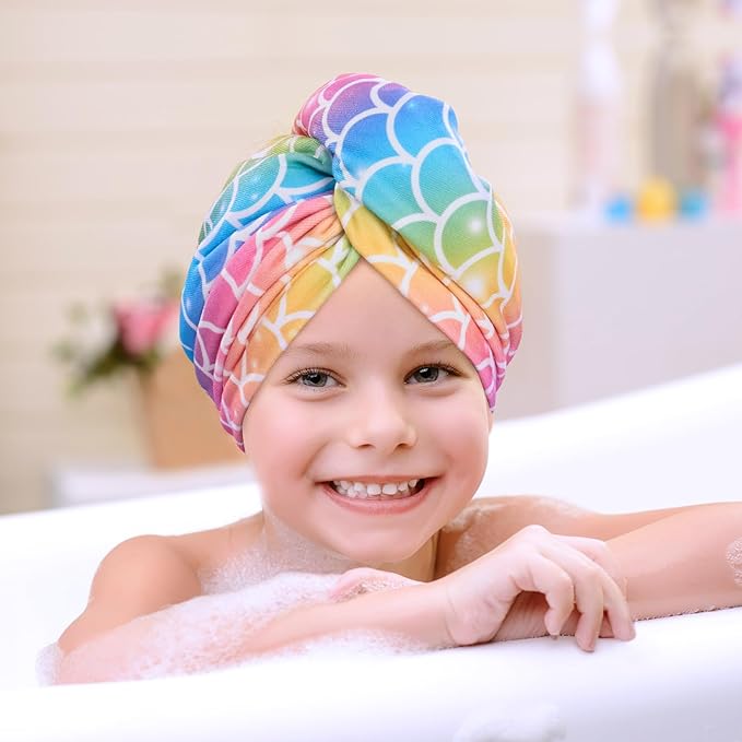 WAWSAM Kids Hair Drying Towel Wrap - Microfiber Hair Towel for Girls, Quick Dry Hair Cap with Button & Elastic Loop, 2 Pack (Rainbow&Purple)
