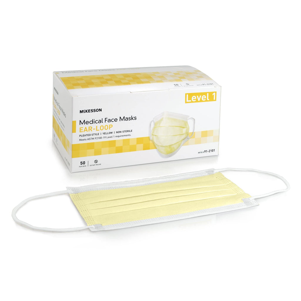 McKesson Medical Face Masks, Level 1 - Pleated with Ear Loops, Non-Sterile, Yellow - One Size Fits Most Adults, 7 in x 3.75 in, 50 Count, 1 Pack