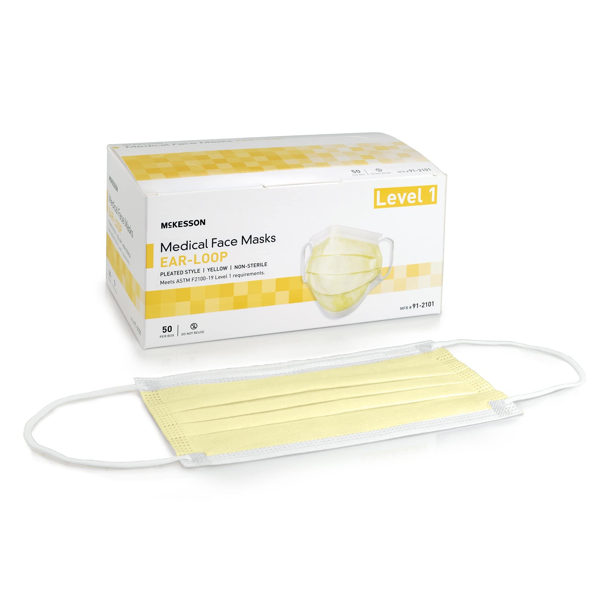 McKesson Medical Face Masks, Level 1 - Pleated with Ear Loops, Non-Sterile, Yellow - One Size Fits Most Adults, 7 in x 3.75 in, 50 Count, 1 Pack