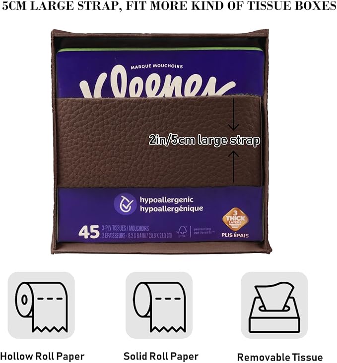 Tissue Box Cover Holder Square Tissue Cube Cover PU Leather Tissue Organizer with Bottom Belt for Bathroom, Tabletop, Car, Night Stands, Office, Home, Kitchen (1, CoffeeBrown)