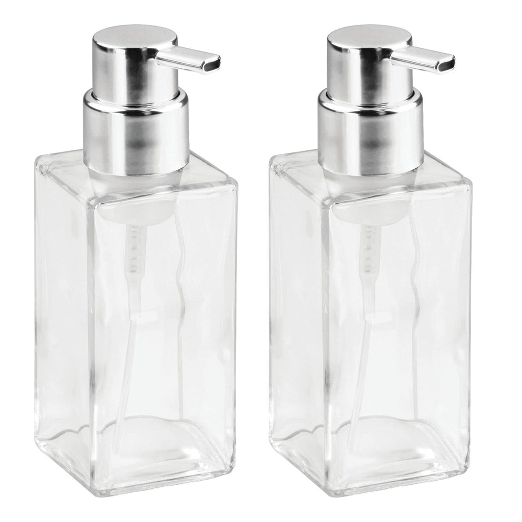 mDesign Glass Refillable Foaming Hand Soap Dispenser Modern Square Pump Bottle for Bathroom Vanities or Kitchen Sink, Countertops - 2 Pack - Clear/Chrome