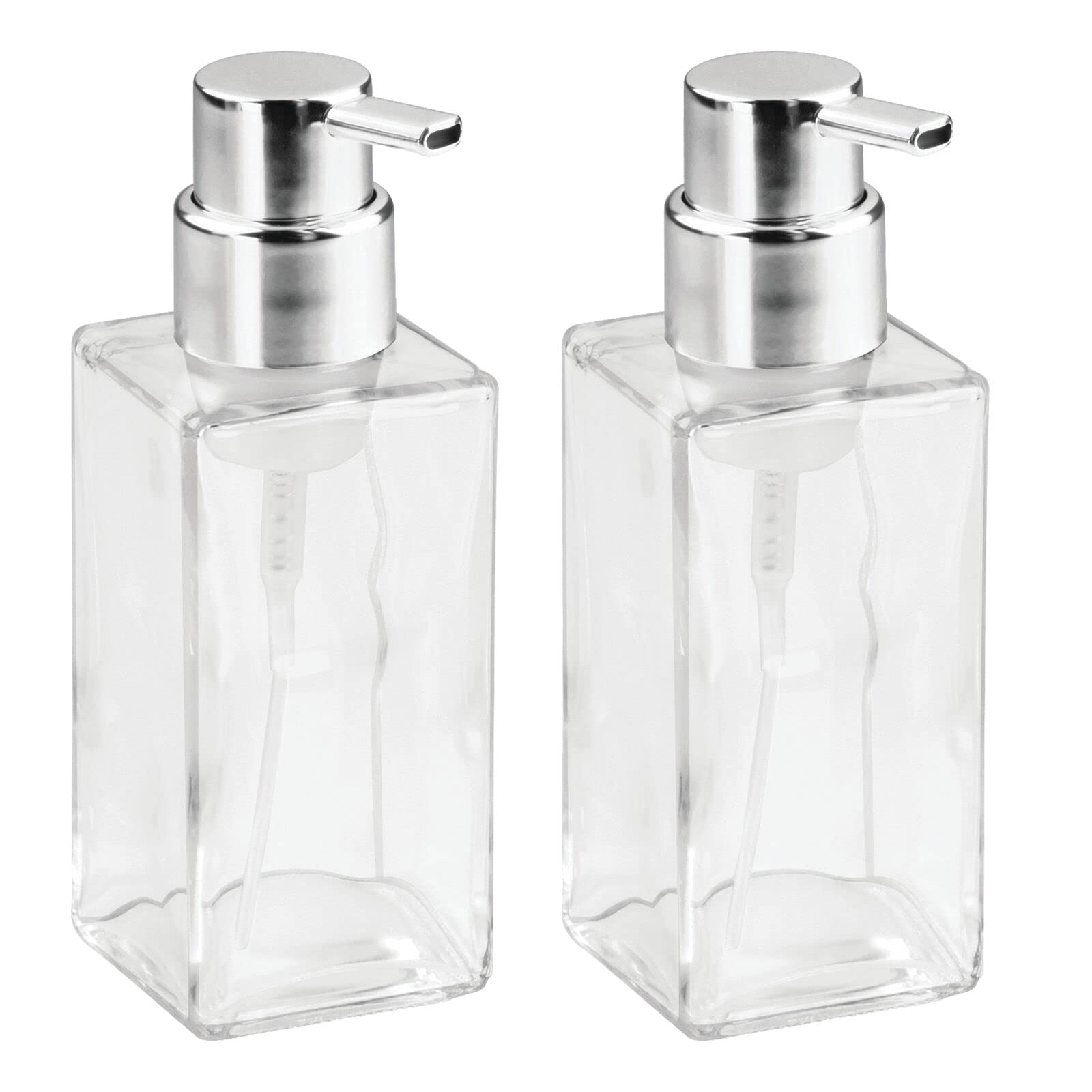 mDesign Glass Refillable Foaming Hand Soap Dispenser Modern Square Pump Bottle for Bathroom Vanities or Kitchen Sink, Countertops - 2 Pack - Clear/Chrome