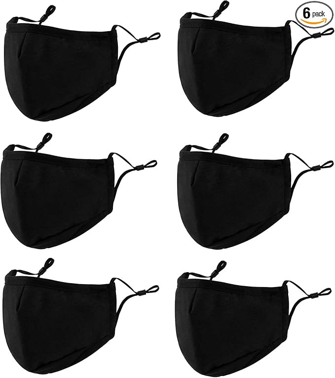 3-Ply Cloth Face Mask 6 Pack,Washable, Reusable and Breathable Face Covering with Adjustable Ear Protection Loops women/men (Black*6)
