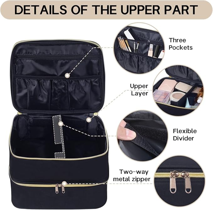TANPADUAJI Double Layer Makeup Bag Portable Large Cosmetic Case Organizer with Adjustable Dividers Storage Travel Bag for Accessories Brushes Conditioner and Skin Care Products (Black)