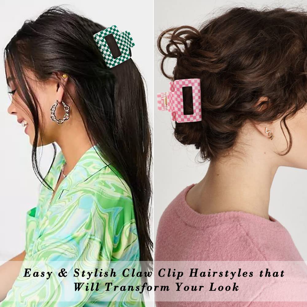 Ahoney 4 Pack Checkered Hair Claw Clips for Thin Hair Y2k Hair Accessories 2" Small Hair Clips for Thick Hair Cute Hair Clips for Women Girls