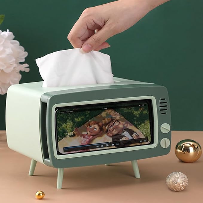 Fun Cute TV Tissue Box Holder,Multi Functional Square Tissue Box Cell Phone Holder for All Smartphone Toilet Paper Napkin Box Desktop Decoration for Room Bathroom Kitchen Dining (Green)