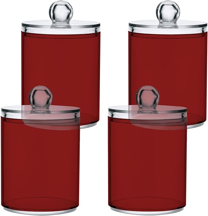 Fire Brick Qtip Holder Organizer Dispenser Cotton Swabs Cans Plastic Jars with Lid Set 2 Pack Bathroom Storage Canister for Cotton Ball Floss Cotton Pads