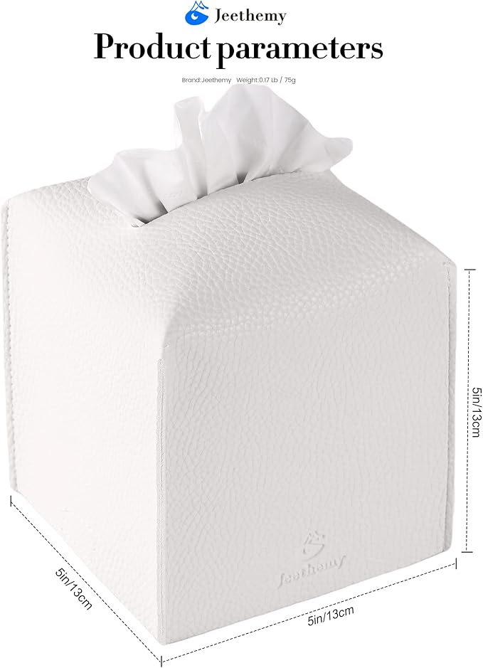 Tissue Box Cover, Jeethemy Square PU Leather Tissue Box Holder, Modern Tissue Case Facial Paper Organizer Dispenser，5X5X5'',Single White