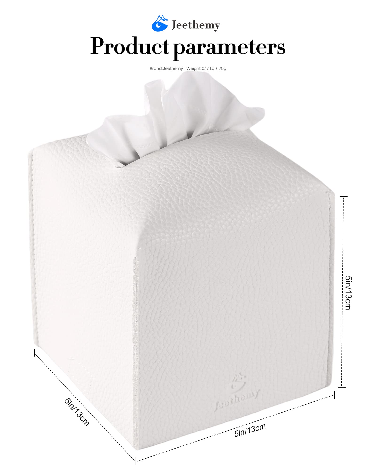 Tissue Box Cover, Jeethemy Square PU Leather Tissue Box Holder, Modern Tissue Case Facial Paper Organizer Dispenser，5X5X5'',Single White