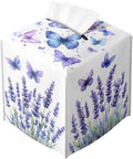 Butterfly Tissue Box Cover Purple Lavender Blossoms French Garden Leather Tissue Box Holder Square Facial Paper Organizer Dispenser for Car Bathroom Bedroom Office Tabletop Decor