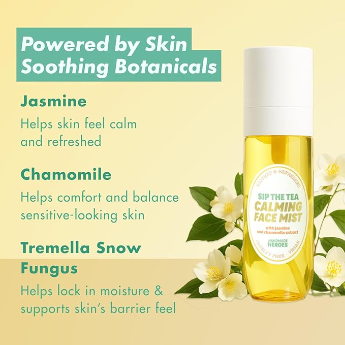 Handmade Heroes Cooling Summer Face Spray | Calming Cooling Chamomile Facial Mist for Perimenopause & Menopause | with Hyaluronic Acid and Jasmine | Sip The Tea Calming Mist
