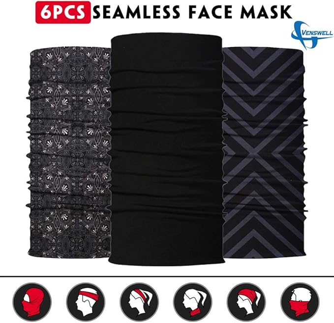 Neck Gaiter Mask, Sun Mask, Rave Bandana Face Mask, Seamless Face Scarf, Headband for Men Women (A-Black Series)