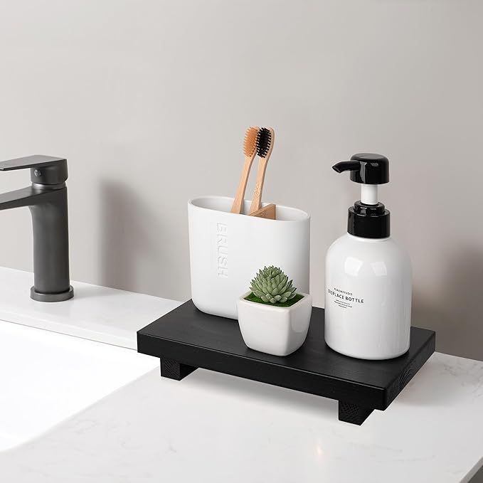 Bathroom Tray Wood Riser Kitchen Decor Soap Holder, 9" x 6" Black
