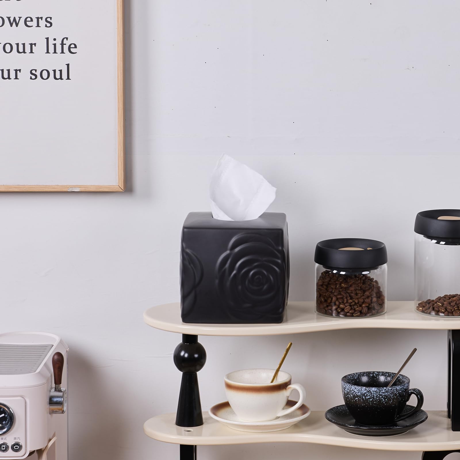 Black Ceramic Rose Tissue Box Cover, Carved Flowers Large Square Tissue Box Holder Decorative for Bathroom, Vanity, Kitchen Countertop, Bedroom Night Stands, Office Desk Top