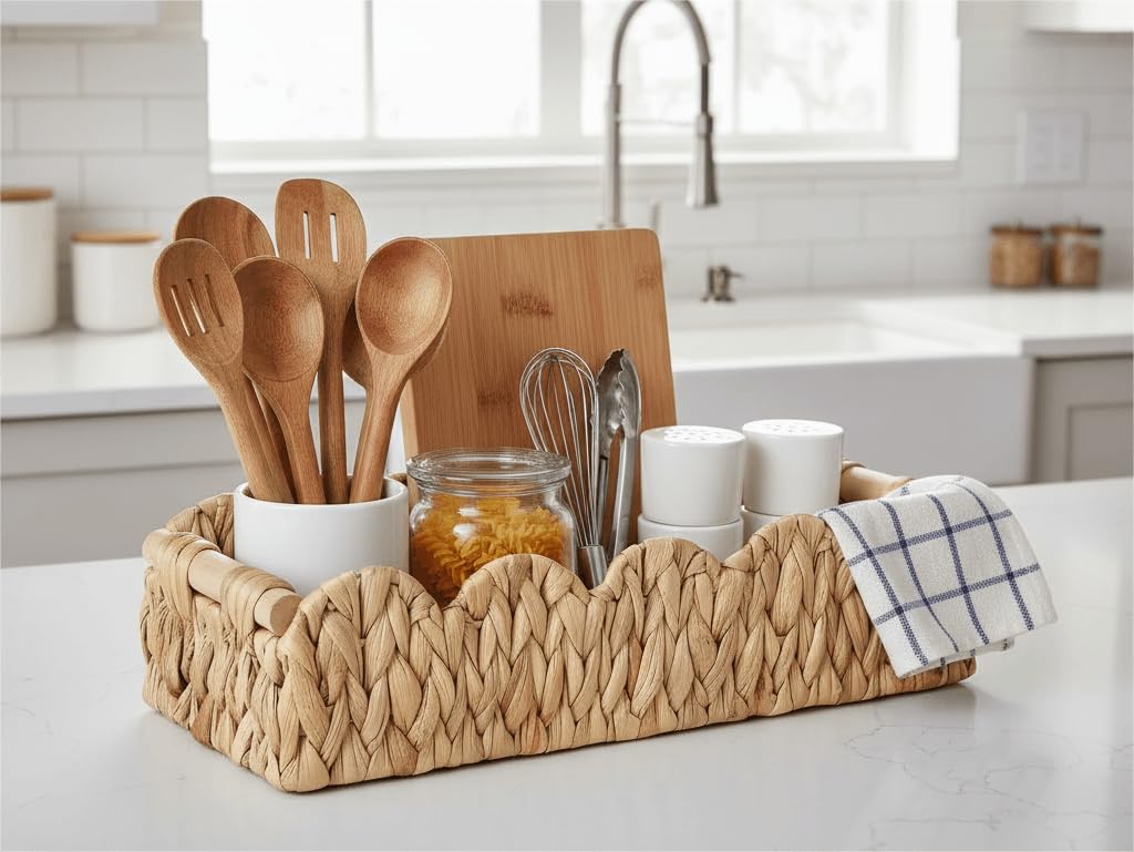 Kriitools Wicker Bathroom Basket 2PK Organizer w/Scalloped for Toilet Paper