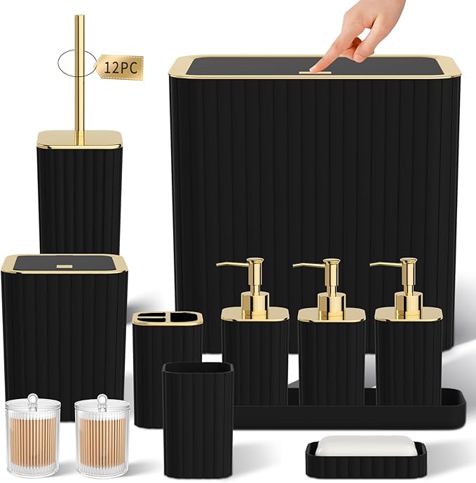 InnJoey Bathroom Accessory Set - Bathroom Set, 12PC Bathroom Accessories Set, Black Bathroom Accessories Set, Mini Trash Can, Toilet Brush, Trash Can & Soap Dispenser
