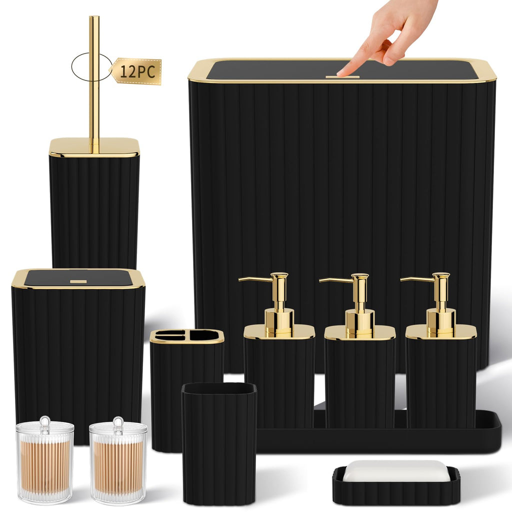 InnJoey Bathroom Accessory Set - Bathroom Set, 12PC Bathroom Accessories Set, Black Bathroom Accessories Set, Mini Trash Can, Toilet Brush, Trash Can & Soap Dispenser