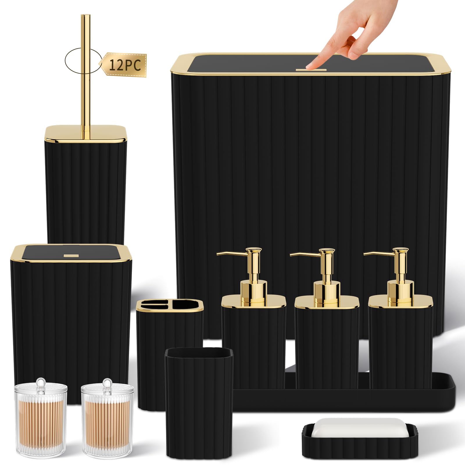 InnJoey Bathroom Accessory Set - Bathroom Set, 12PC Bathroom Accessories Set, Black Bathroom Accessories Set, Mini Trash Can, Toilet Brush, Trash Can & Soap Dispenser