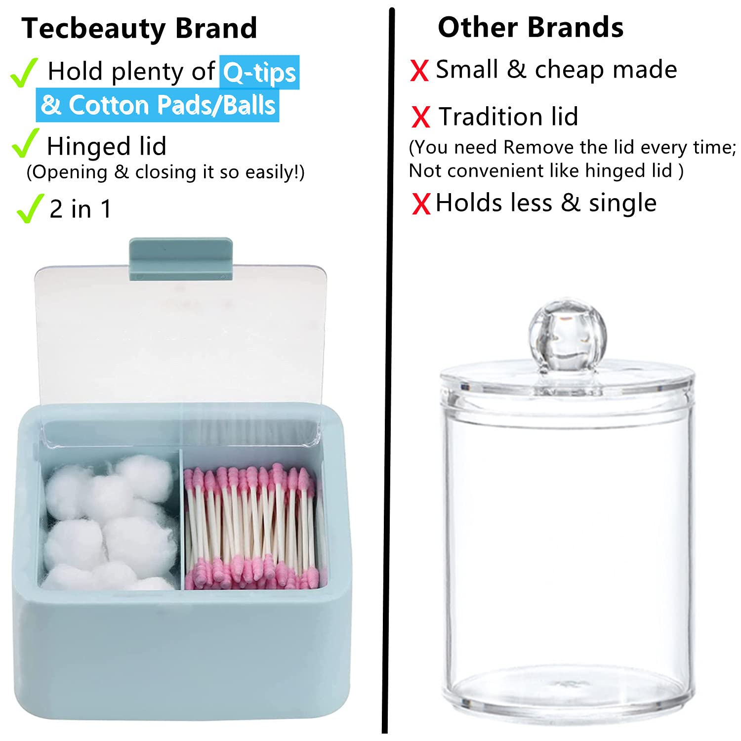 Tecbeauty 2pcs Qtips Holder - Middle Divider Cotton Pads Storage Dispenser Bathroom Organizer with Clear Hinged Lids for Cotton Balls Swabs Rounds - Blue & Pink
