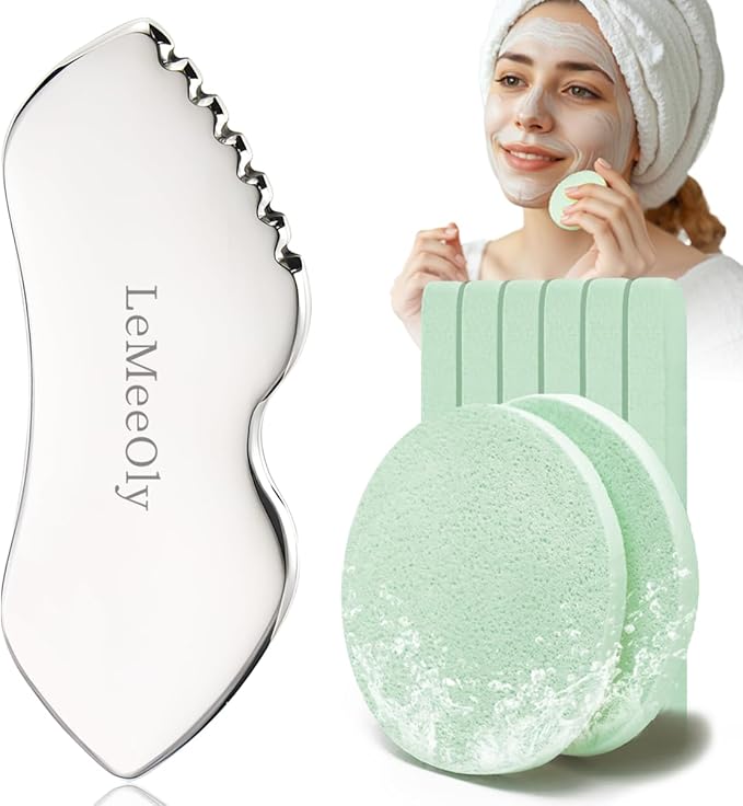 LeMeeOly Gua Sha Facial Tools Stainless Steel & Compressed Facial Sponges, Detail Metal GuaSha and Natural Spa Sponges for Facial Cleansing Skin Care，Guasha Stone Face Sculpting Tool