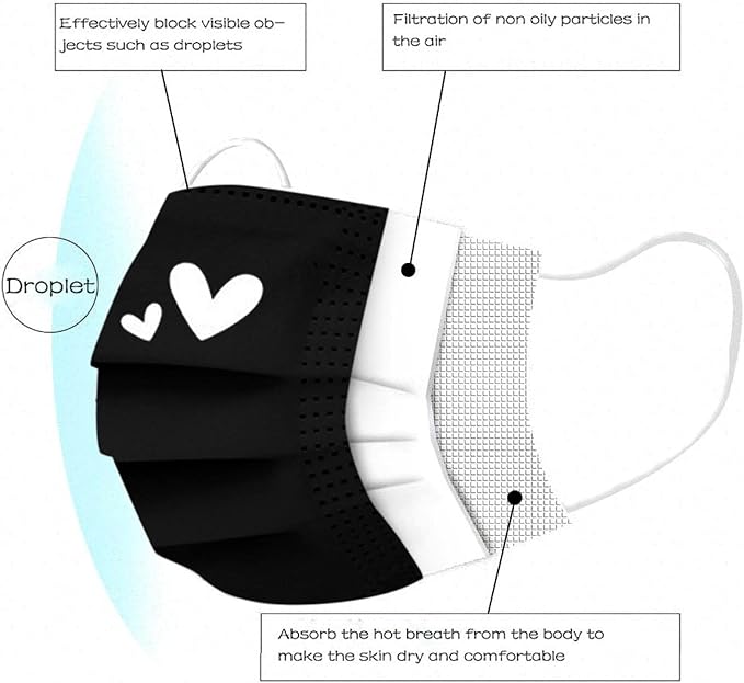 YOMEESOUL 50pcs Cute Disposable Face Masks, Pink And Black Masks with Hearts Printed, 3-Ply Full Protection for Women Teen Girls (White Hearts)