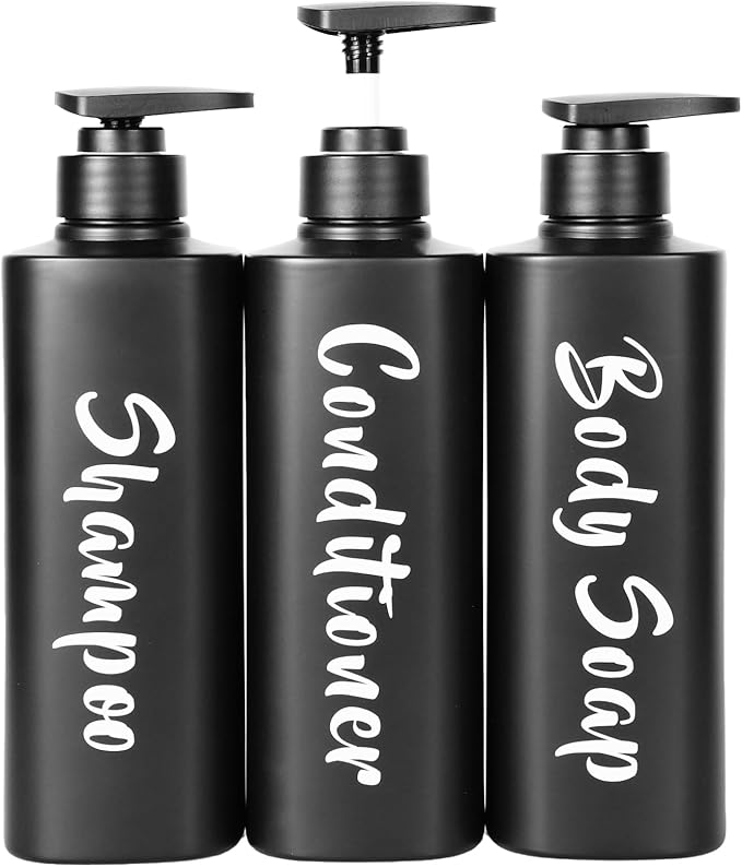 AUMIO 16.9oz Bathroom Soap Dispenser Set, Refillable Shampoo and Conditioner Bottles, Empty Bottles with Pump for Shampoo, Conditioner, or Body Wash, Matte Black Shower Dispensers, Set of 3