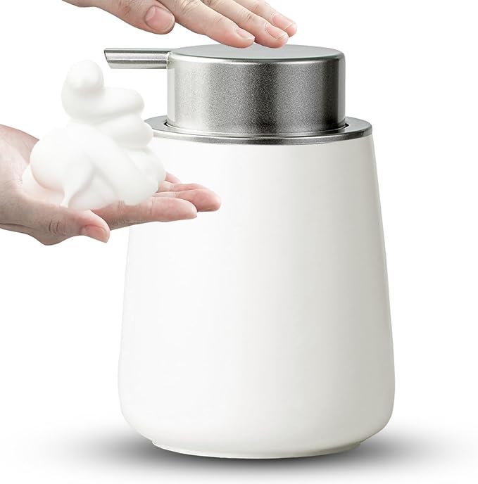 AZMOYAC Foaming Soap Dispenser - 12 Oz White Ceramic Foam Hand Soap Dispenser for Bathroom, Face Wash Dispenser Bottle with Silvery Foaming Pump, Matte Lotion Dish Dispenser Refillable for Kitchen