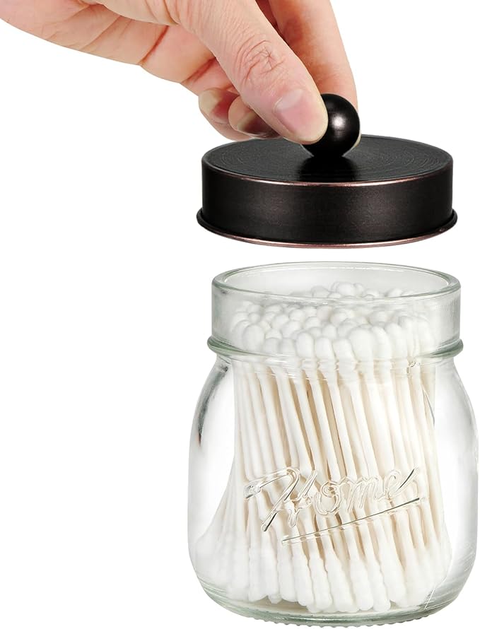 SheeChung Small Mason Jar, Glass Qtip Holder, Apothecary Jars with Lids, Bathroom Organizers and Storage, Bathroom Canister for Q-tips, Floss, Balls, Cotton Swabs, Farmhouse Decor-Oil Rubbed Bronze