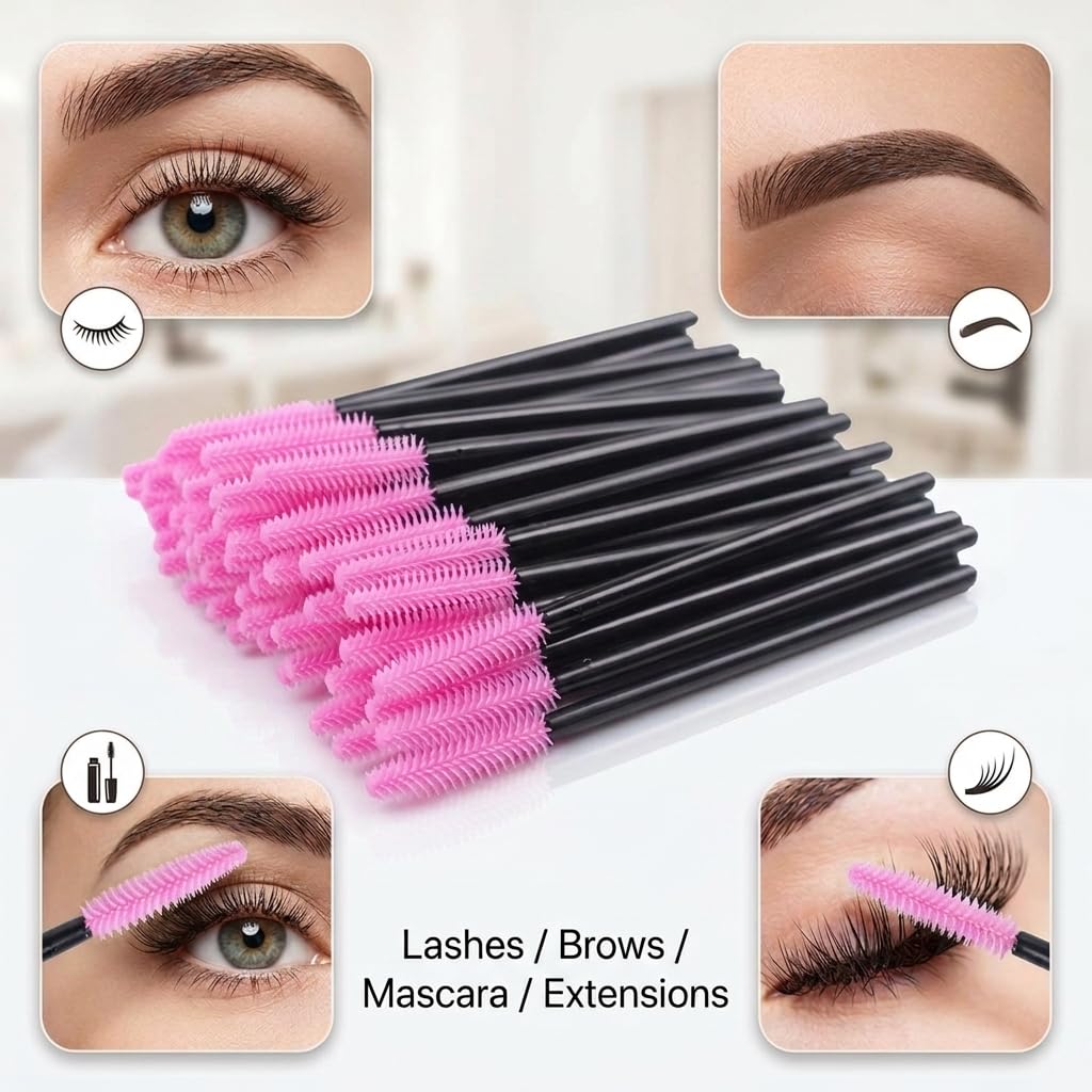 BIHRTC Pack of 100 One-Off Disposable Silicone Eyelash Mascara Brushes Wands Applicator Eyebrow Brush Makeup Tool Set Deep Pink for Makeup Salon and Travel Beauty Kits
