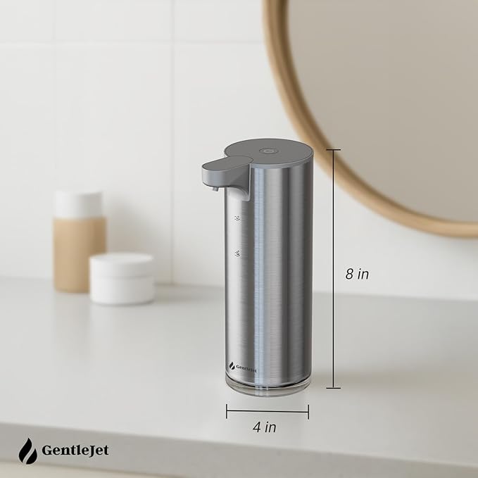 GentleJet EasyFoam Automatic Foaming Soap Dispenser, Touchless USB-C Rechargeable Sensor Pump, 304 Stainless Steel, Adjustable Foam, IPX5 Water-Resistant for Bathroom & Kitchen, 10 fl oz / 300 mL