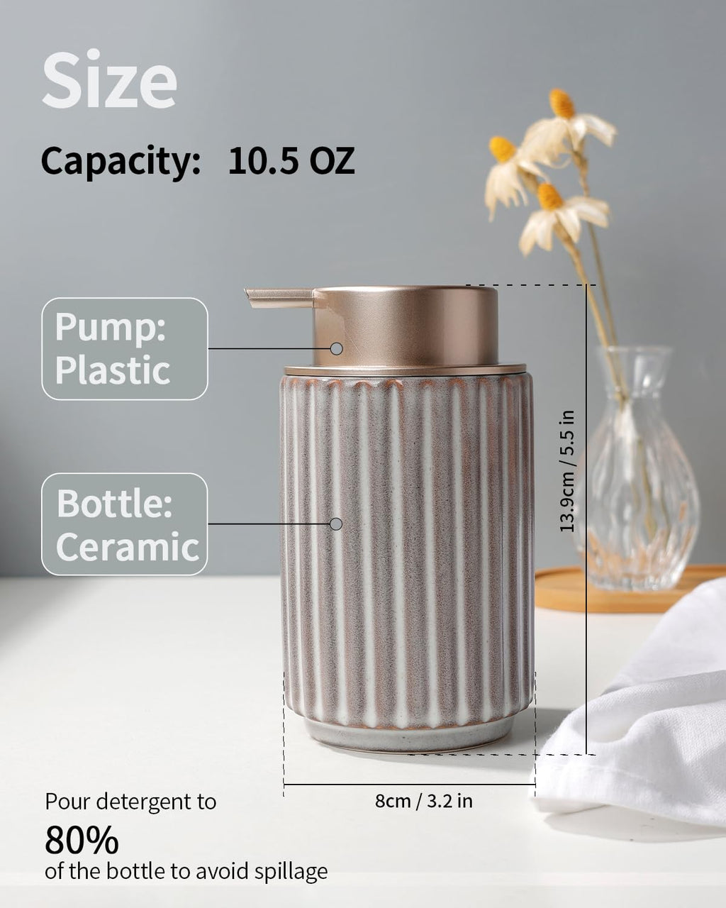 Soap Dispenser, Liquid Ceramic Refillable Hand Soap Pump for Bathroom Kitchen, 10.5OZ Brown Lotion Dispenser Dish Soap Dispenser, Modern Stripe Design, ANTIS'S HOME