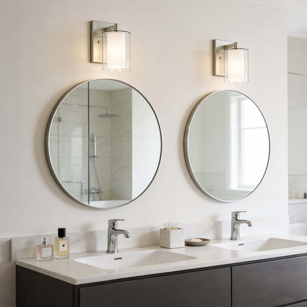 Kalium Wall Sconces Set of Two Modern Vanity Lights with Double Clear Glass Shade Brushed Nickel Indoor Farmhouse Wall Light for Bathroom Living Room Bedroom Mirror Hallway Bulb E26 Base (2PCS)